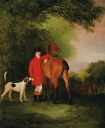 Porträtt av Lord Lismore i en jaktrock med sin vikjägare och en hund, i ett landskap, ett jaktsällskap bortom