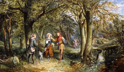 En scen från "As You Like It": Rosalind, Celia och Jacques i The Forest of Arden, 1864