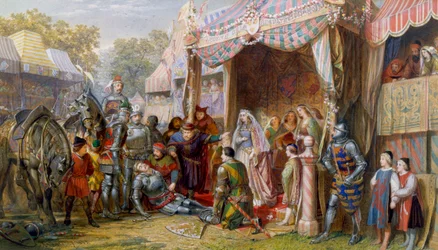 Lancelot kämpar mot Sir Mador för att försvara Guineveres ära, inför kung Arthur, Guinevere och kungens hov