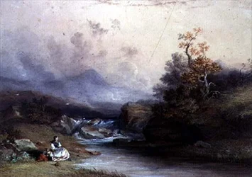 Vy över en bergstorrent, med två kvinnliga figurer, 1800-talet