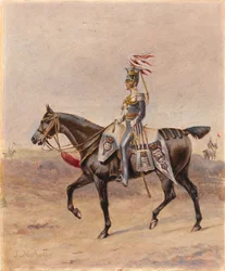 En beriden officer vid 17th Regiment of (Light) Dragons (Lancers), c.1825 (olja och gouache på papper)