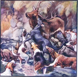 En enorm kamp ägde rum, hela packningen är över honom (färg litho)