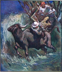 I det ögonblicket gav grenarna bort med en stor krasch (färg litho)