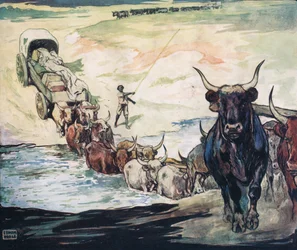 Crossing the river, illustration från "Hjälparna utan händer" av Gladys Davidson, publicerad 1919 (litho i färg)