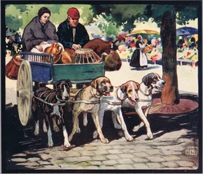 Fransk hundvagn, illustration från "Hjälparna utan händer" av Gladys Davidson, publicerad 1919 (litho i färg)