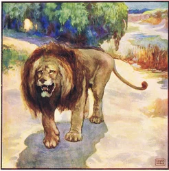 Jag var bara medveten för ett enda ögonblick om att lejonet skulle komma (färg litho)