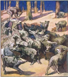 I mitten av stubben stod en stor grå varg (färg litho)