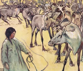 Älgflock, illustration från "Hjälparna utan händer" av Gladys Davidson, publicerad 1919 (lito i färg)
