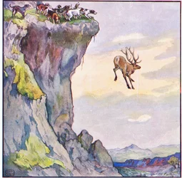 Bocken störtade ner i avgrunden nedanför (färg litho)