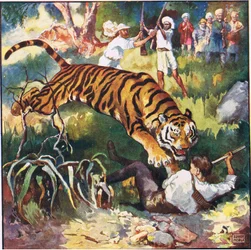 Nästa ögonblick såg jag honom falla baklänges under tigern (färg litho)