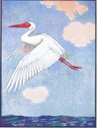 "Var är den där fjärilen," undrade tranan", illustration för "Reynard the Fox", från "Animal Legends from Many Lands", publicerad av Raphael Tuck & Son Ltd. (lito i färg)