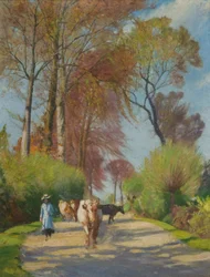Country Lane med figur och ko (olja ombord)