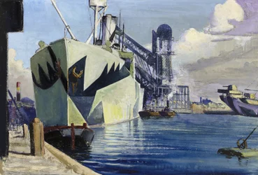 Dock Canada i Liverpool, med ett förankrat örlogsfartyg, målat med färgglatt kamouflage. Målning av Herbert Barnard John Everett (1876-1949)