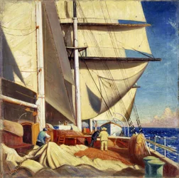 Reparation av segel ombord på "Brickdale", under en resa från Bristol till Sabine Pass, Texas (Förenta staterna, Förenta staterna), mellan april och juni 1920