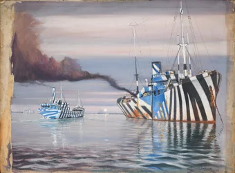 S.S. Lepanto och ett annat ångfartyg, båda bländande målade, för ankar i lugnt vatten