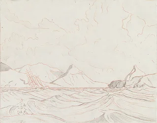 Havslandskap med fartyg som passerar land (1), tidigt 1900-tal (grafit, brun krita)