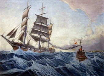 Fartyget "Iquique" och bogserbåten "Warrior", på botten av den engelska kusten, på en resa mellan London, England, och Sydney, Australien, mellan december 1898 och april 1899