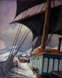 Seglens manövrer under stormen, under en resa från Bristol, till Sabine Pass, Texas (Förenta staterna, Förenta staterna), mellan april och juni 1920