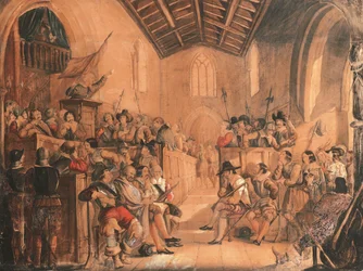 A Roundhead Conventicle: en scen från "Peveril of the Peak" av Sir Walter Scott, 1841