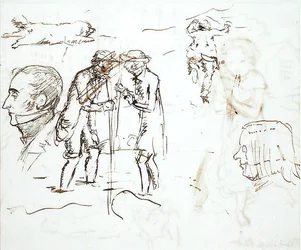 Ett ark med studier med John Ruskin (1819-1900) och William Millais