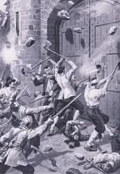 Plundringen av Dundee 1 september 1651: Engelska sjömän attackerar Wellgate Port, illustration från 