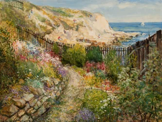 En Cullercoats-trädgård med utsikt över havet (olja ombord)