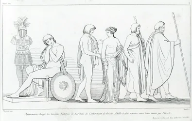 Agamemnon anklagade härolderna Taltibius och Euribat för bortförandet av Briseis; Achilles fick den överlämnad till deras händer av Patrocles. Teckning av John Flaxman (1755 - 1826). Homeros Iliaden. Sjunger I