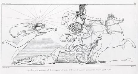 Apollon, solens gud, täcker Hektors kropp helt med sin gyllene aigis för att bevara den. Sång XXIV. Teckning av John Flaxman (1755-1826). Homeros Iliaden.