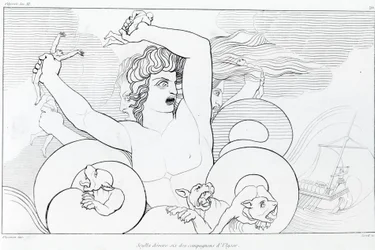 Avsnitt av Charybde och Scylla: sex av Ulysses följeslagare slukas. Teckning av John Flaxman (1755 - 1826). Homeros Odyssey. Sång XII.