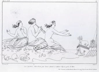 Sjöjungfrur försöker med sin sång att locka till sig Ulysses. Teckning av John Flaxman (1755 - 1826). Homeros Odyssey. Sång XII.