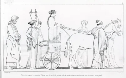 Nausikaa, som just har mött Odysseus, för honom till sin far kung Alkinoos palats. Teckning av John Flaxman (1755 - 1826). Homeros Odysséen. Sång VI.