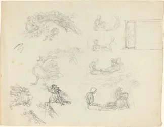 Studier av galande tupp och liggande figurer [recto and verso]