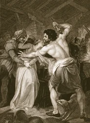 Skatteindrivaren, mördad av Wat Tyler, graverad av J. Hall, illustration ur David Humes 