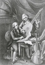 Porträtt av Franz Joseph Haydn (1732-1809) och Wolfgang Amadeus Mozart (1756-91) som komponerar musik för luta, graverat av Michele Benedetti (1745-1810)