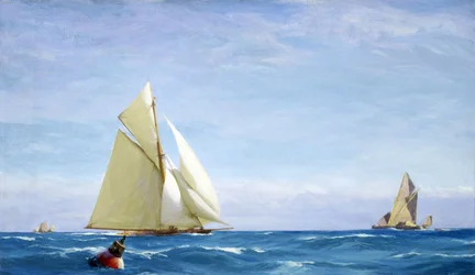 En stor segelbåt och en pråm på Themsen utanför en hamn. Olja på duk, ca 1910, av John Fraser (1858-1927).