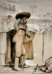 En tjurfäktare tittar bakom barrikaden, från 