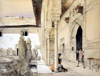 Ingången till ambassadörernas sal, från "Sketches and Drawings of the Alhambra", graverad av William Gauci (fl.1825-54).