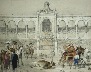 Sevilla tjurfäktning: Att ta bort den döda tjuren från ringen, från 