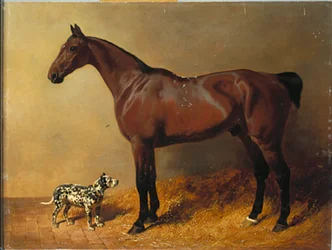 En Bay Hunter och en prickig hund i ett stallinredning, 1846