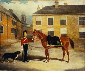 En officer från dragonvakterna, karibiner med sitt berg i barackens stallgård, 1839