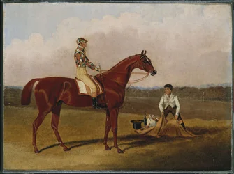 "Barfota", kapplöpningshästen, med en Jockey Up and a Groom, 1835