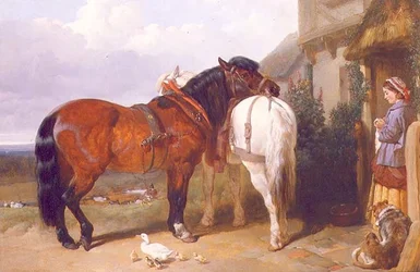Carthorses vid en stugdörr