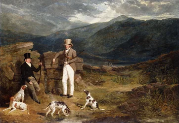 Två gentlemän med stående fågelhundar på en orrhed, 1824