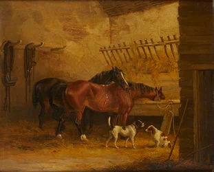 Hästar och hundar i en stallinredning (olja på duk)