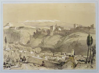 Alhambra från Albay, från "Sketches and Drawings of the Alhambra", graverad av James Duffield Harding (1798-1863), 1835