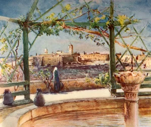 Födelsekyrkan i Betlehem från en trädgård på motsatta kullen, 1902.