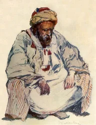 Sittande figur av syrisk herde i fårskinnsrock, 1902.