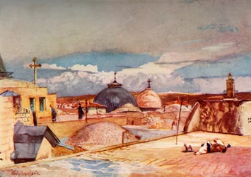 Den heliga gravens kupoler från en hustopp på berget Sion, 1902.