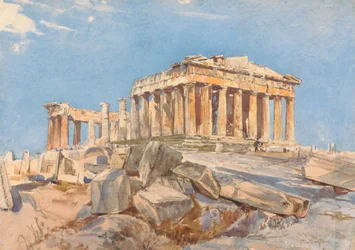 Parthenon från norra änden av propylernas östra portik, kvällsljus