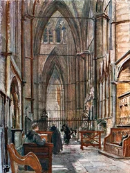 Södra ambulatoriet, med blick mot väster längs södra korgången (färglitografi)